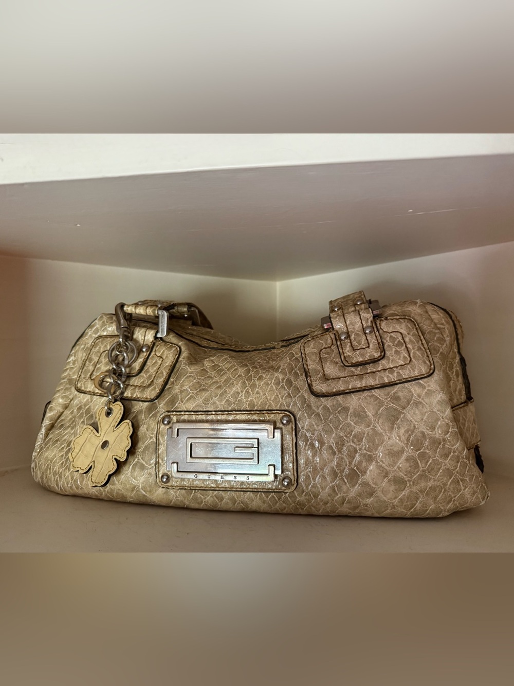 Guess Beige/Tan Textured Shoulder Bag with Metal Plaque